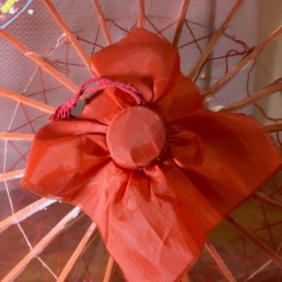 Vintage Transparent Red Fabric Parasol Floral with Butterflies Hand Painted 17"H - Picture 6 of 11
